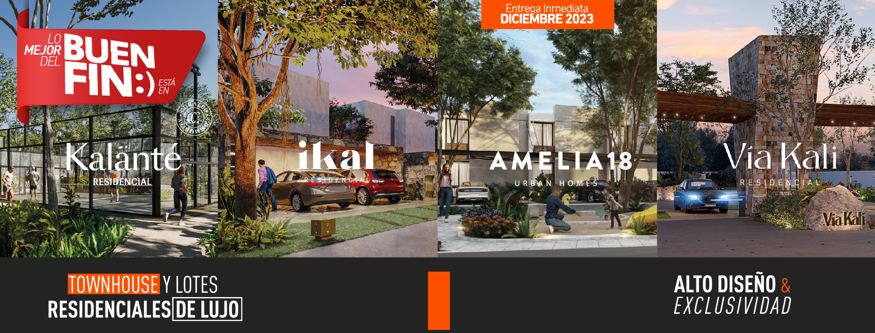 Durante El Buen Fin 2023, no te pierdas nuestras ofertas especiales en nuestros exclusivos proyectos:  *Amelia 18 Urban Homes:  Adquiere tu hogar en @amelia18.urbanhomes y disfruta de la vida urbana en Mérida con estilo. Reserva tu casa durante El Buen Fin y obtén los beneficios de vivir dentro de Mérida.  * Lotes 100% Residenciales en Kalanté, Ikal y Vía Kali:  Si sueñas con construir la casa de tus sueños en Mérida, nuestros lotes residenciales en:  • @viakali.residencial en Cholul a solo 1 minuto de periférico norte de Merida. • @kalante.residencial en San Ignacio a solo 10 minutos en la Carretera Mérida y Progreso. • @ikal.residencial a solo 12 minutos de las hermosas playas de Chuburná Puerto y a 25 minutos de Mérida.